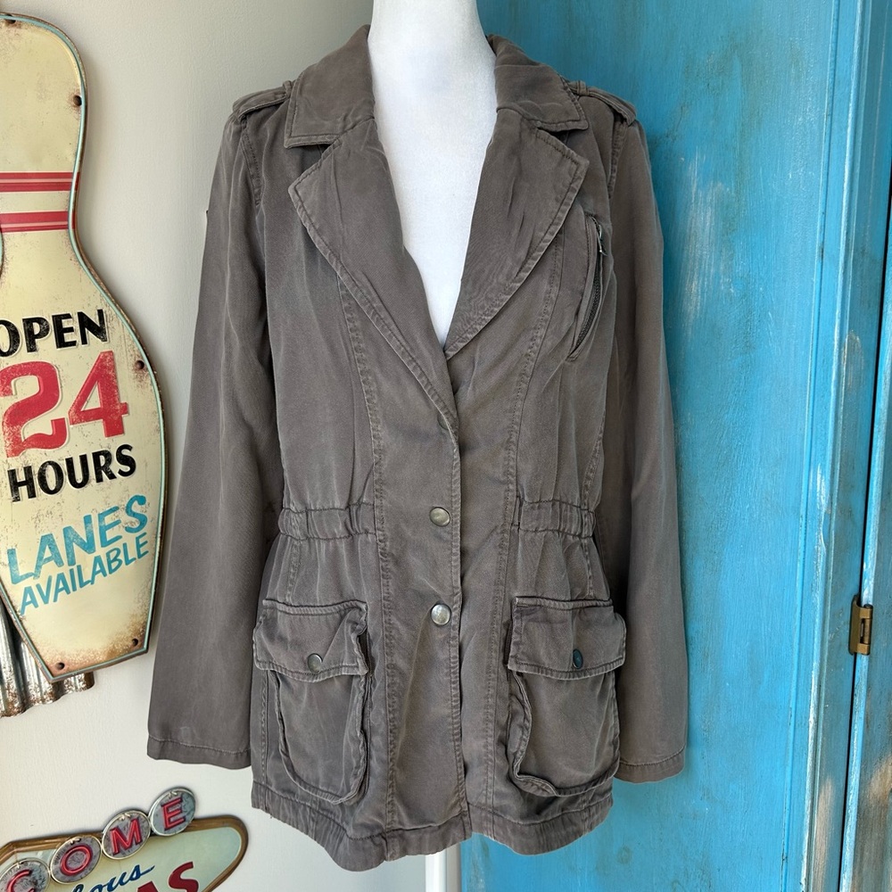 Lucky Brand Washed Gray Utility Jacket Military Cargo Anorak Coat Rustic Boho
